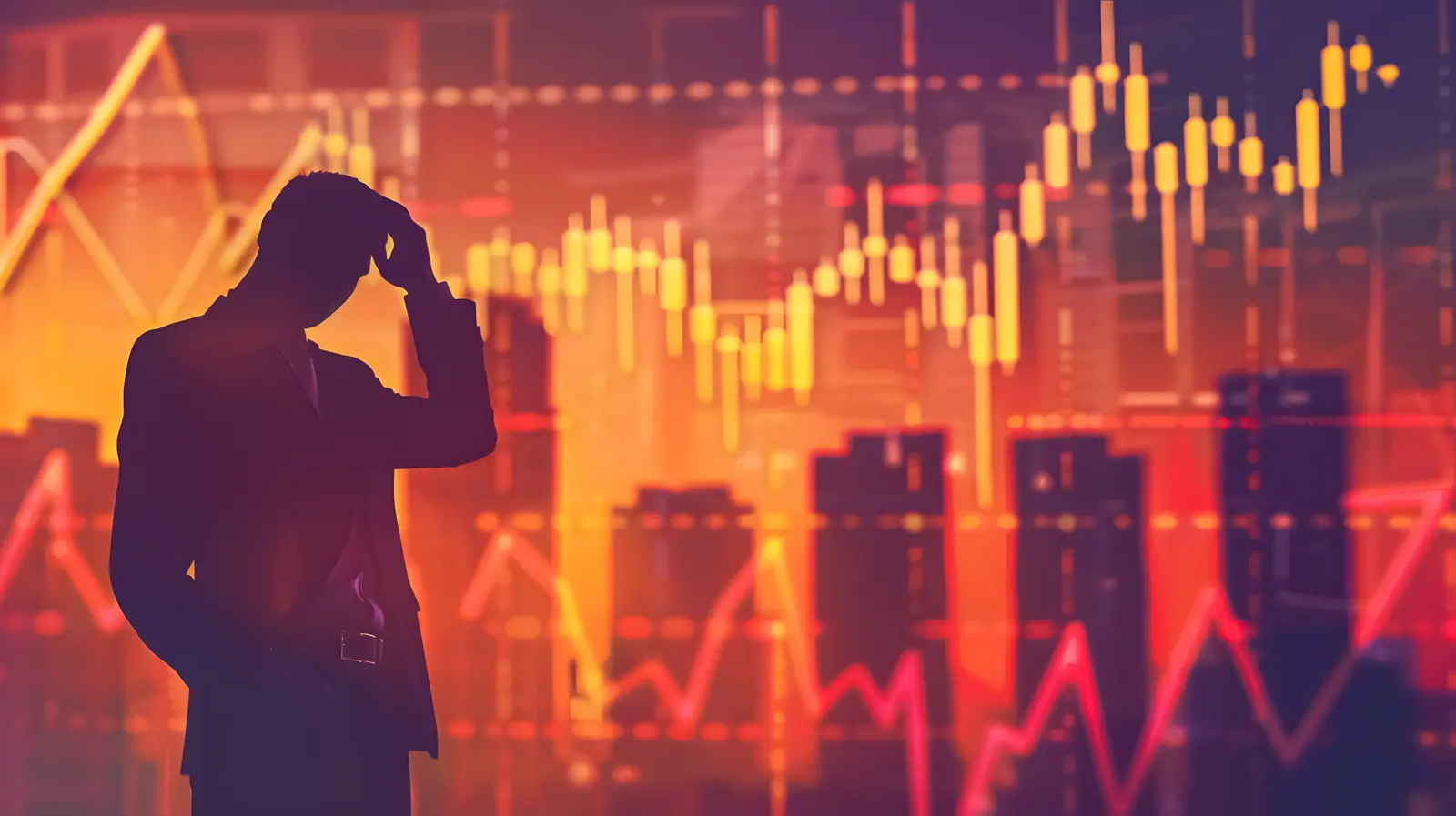 a silhouetted investor in front of glowing market charts