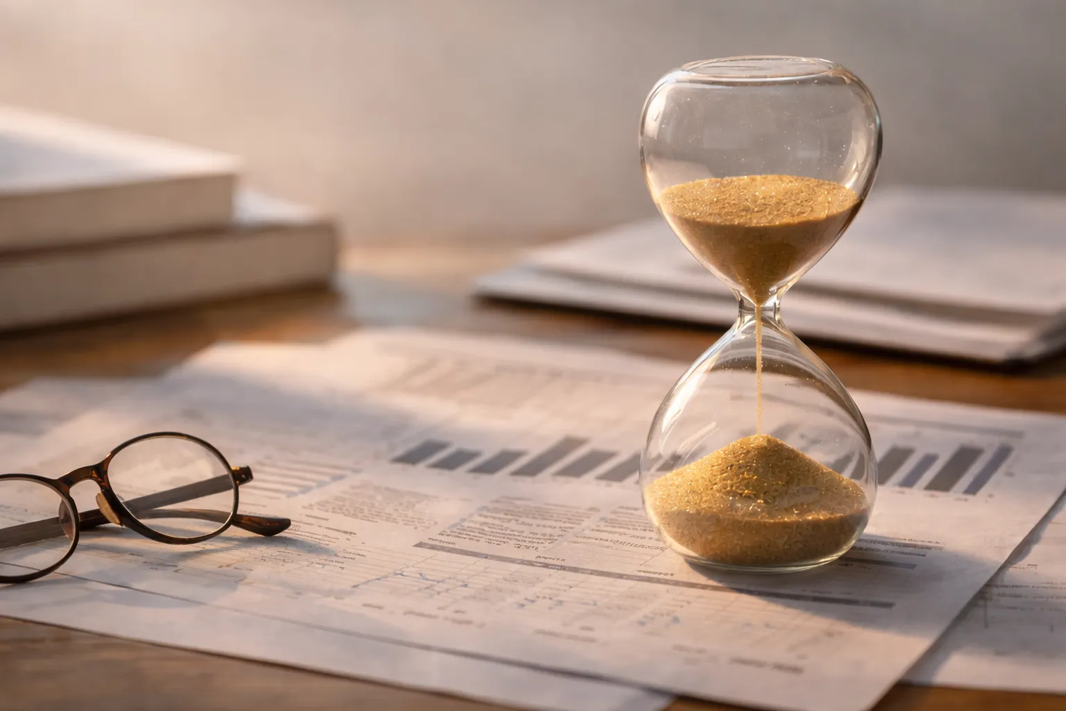 an hourglass on a desk beside financial documents and reading glasses